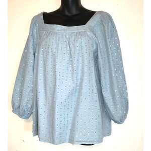Lauren Conrad Pastel Blue Smock Top Sz L Silver Embellished Square Neck Boho
